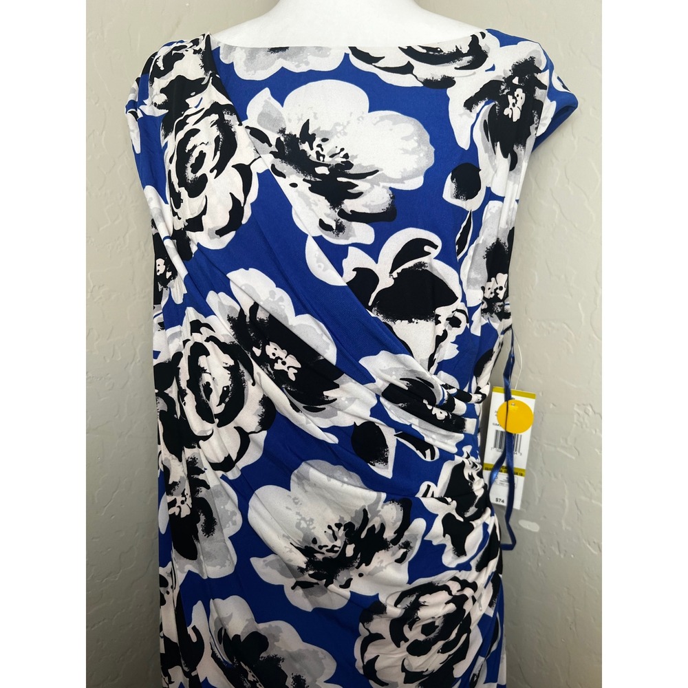 Black Label by Evan Picone Blue Floral Ruched Sheath Dress Sleeveless NWT